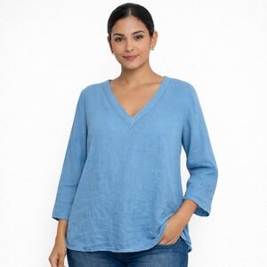 J Jill Love Linen Blue V Neck Long Sleeve Tunic Top Size L
